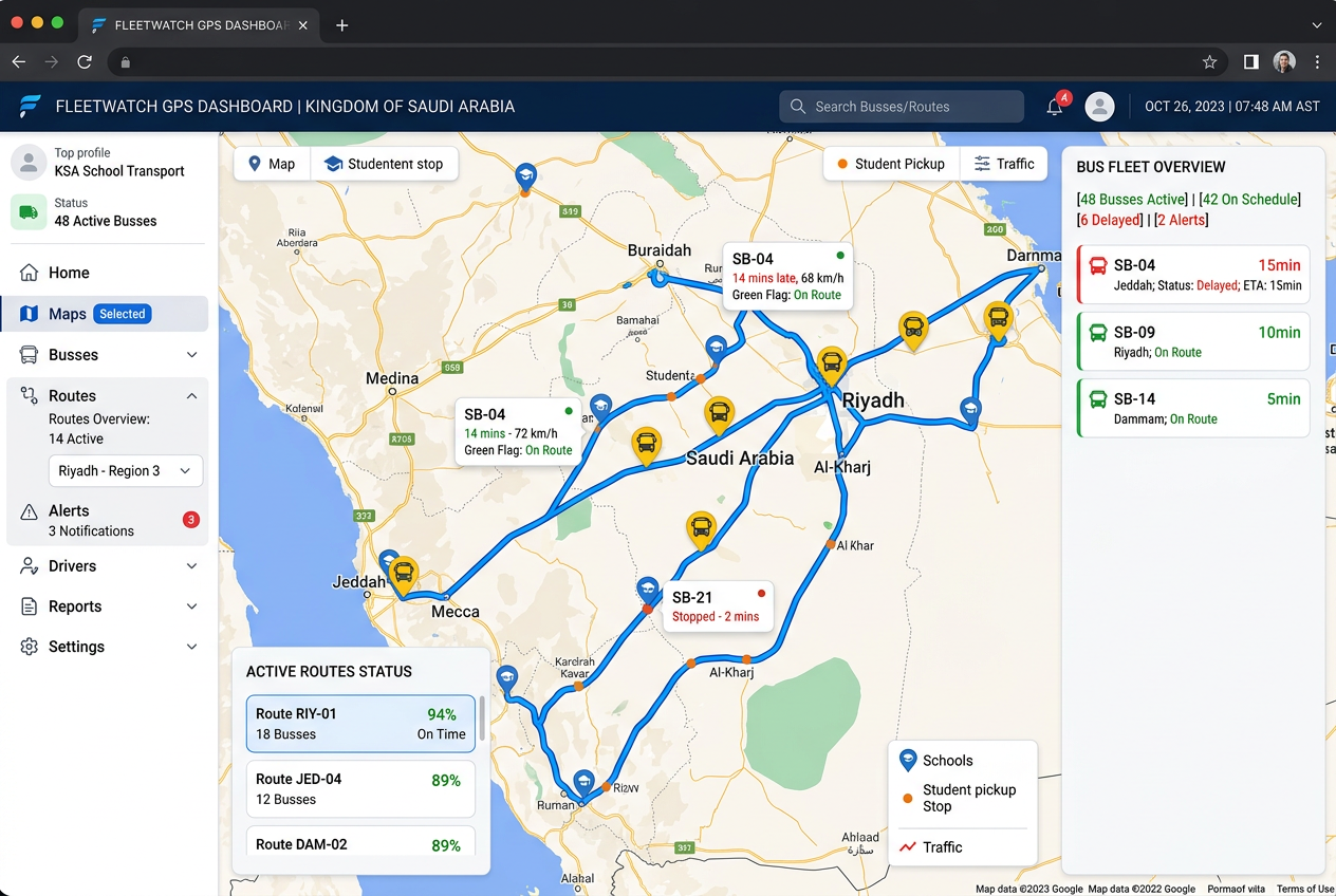نظام تتبع حافلات النقل التعليمي نظام تتبع GPS لحافلات النقل التعليمي - لوحة تحكم
